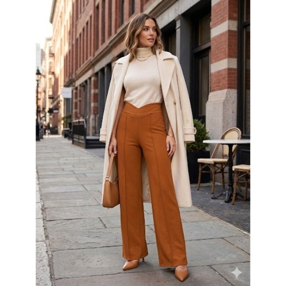 FORE Caramel Brown High Waisted Wide Flare‎ Leg Pants V Waistband Medium Pintuck